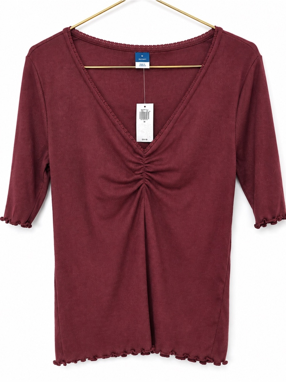 🍒 OLD NAVY NWT Ruched Rib Knit Lettuce Hem Top Burgundy Red Y2K Fitted Sz Medium